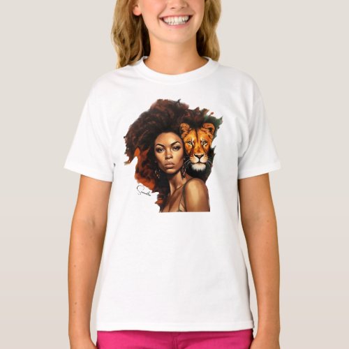 African_American Woman with Majestic Lion T_Shirt