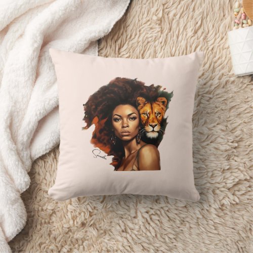 African_American Woman with Majestic Lion Throw Pillow