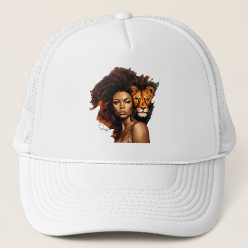 African_American Woman with Majestic Lion Trucker Hat
