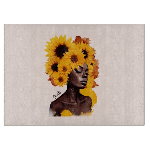 African_American Woman with Sunflower Afro Hair Cutting Board