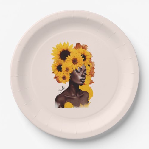 African_American Woman with Sunflower Afro Hair Paper Plates