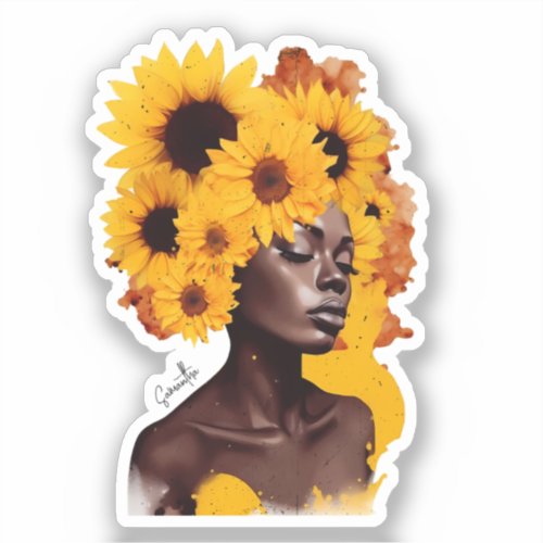 African_American Woman with Sunflower Afro Hair Sticker