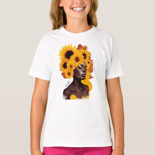 African_American Woman with Sunflower Afro Hair T_Shirt