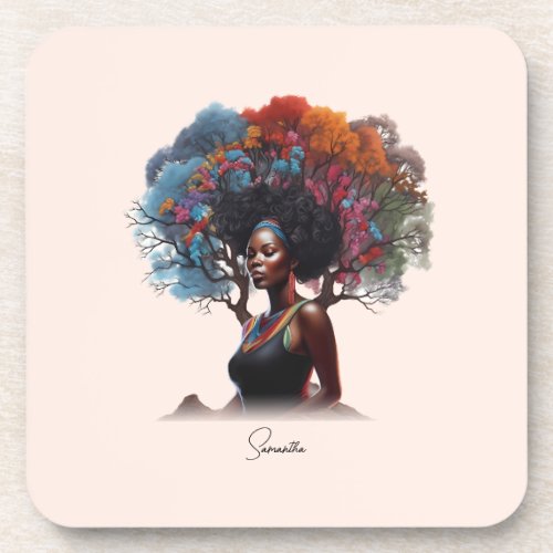 African_American Woman with Tree_Adorned Hair Beverage Coaster