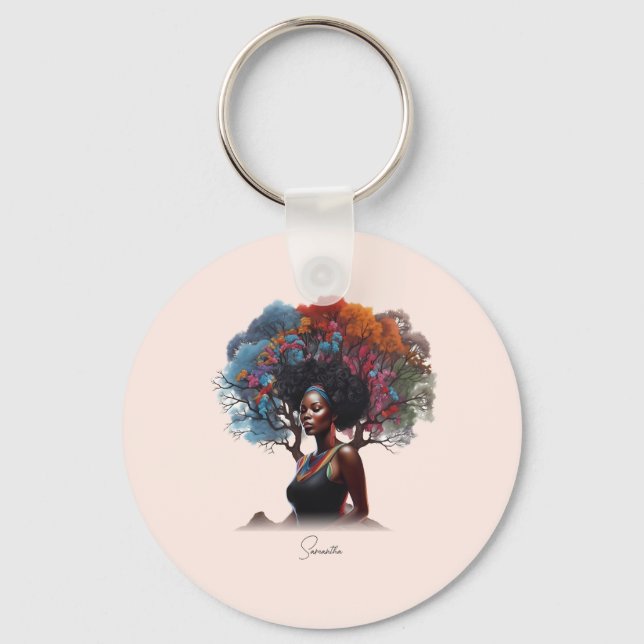 African-American Woman with Tree-Adorned Hair Keychain (Front)