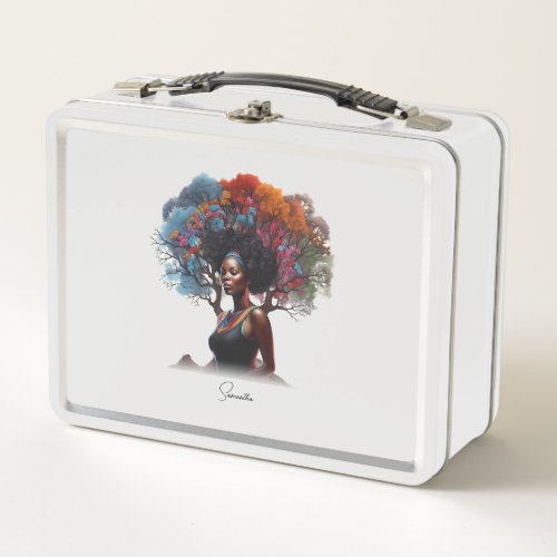 African_American Woman with Tree_Adorned Hair Metal Lunch Box
