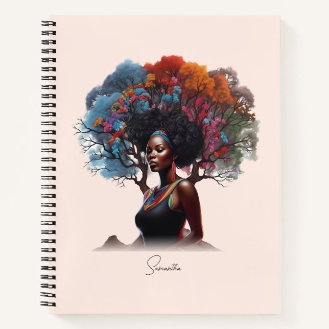 African-American Woman with Tree-Adorned Hair Notebook (Front)