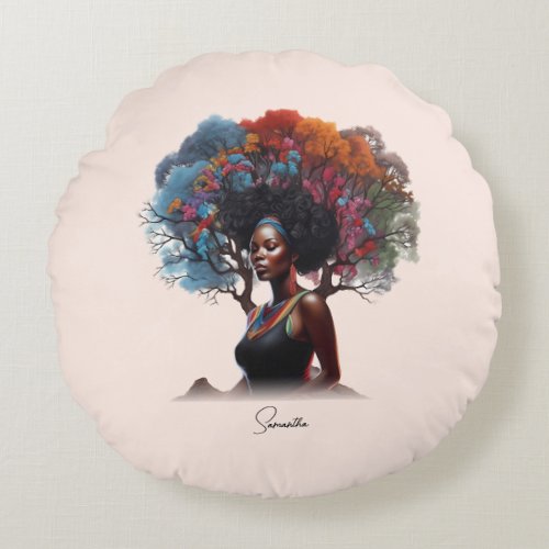 African_American Woman with Tree_Adorned Hair Round Pillow