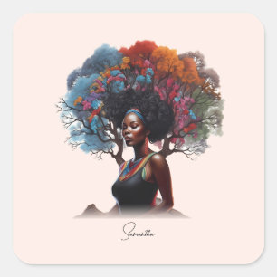 African-American Woman with Tree-Adorned Hair Square Sticker