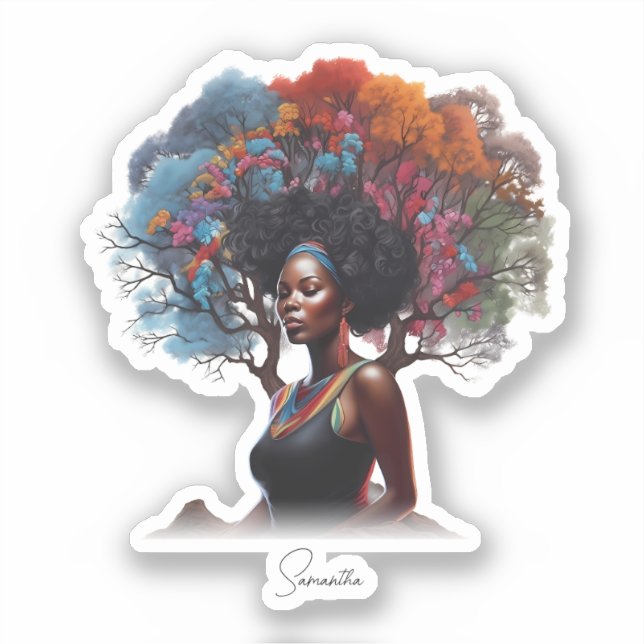 African-American Woman with Tree-Adorned Hair Sticker (Front)