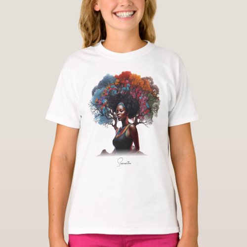 African_American Woman with Tree_Adorned Hair T_Shirt