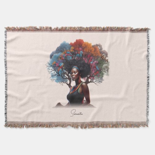 African_American Woman with Tree_Adorned Hair Throw Blanket