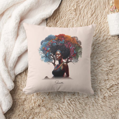 African_American Woman with Tree_Adorned Hair Throw Pillow