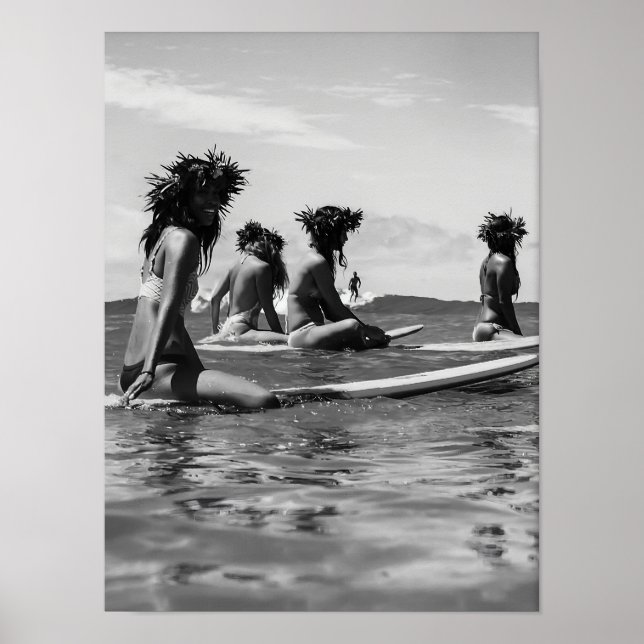 African American Women Surfing Print, Black and Wh Poster (Front)