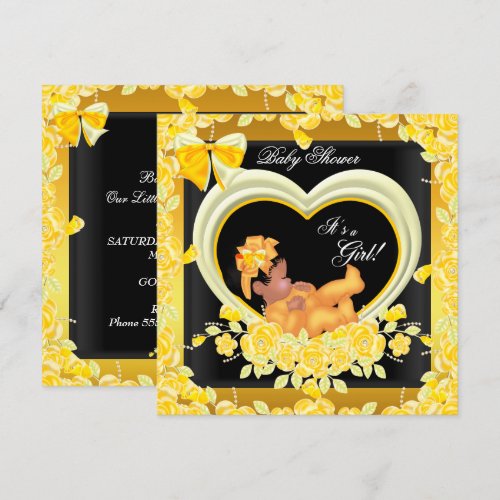 African American Yellow Gold Baby Shower Girl 2 Personalized Invitations