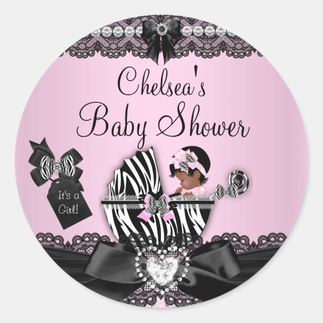 African American Zebra & Lace Baby Shower Sticker (Front)