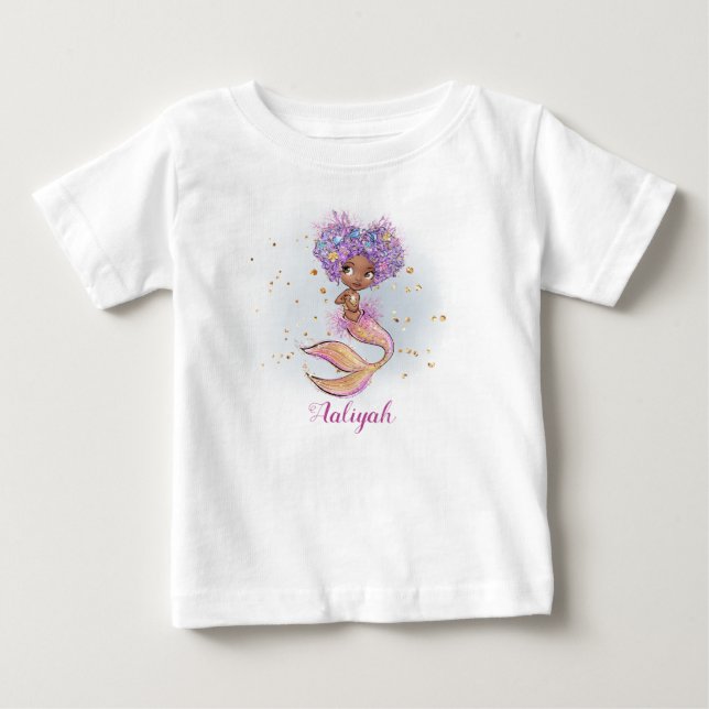African Amerikan Baby Girl Mermaid 1st Birthday Baby T-Shirt (Front)