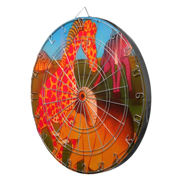 African Animal Art Print Dartboard With Darts (Front Right)