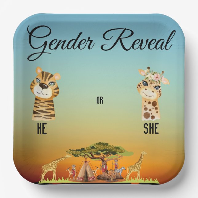 African Animal Gender Reveal Enclosure Card Paper Plates (Front)