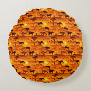 African Animal Silhouette Pattern Sunset Landscape Round Pillow