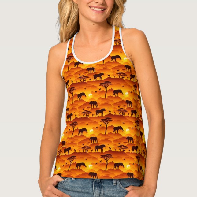 African Animal Silhouette Pattern Sunset Landscape Tank Top (Front)