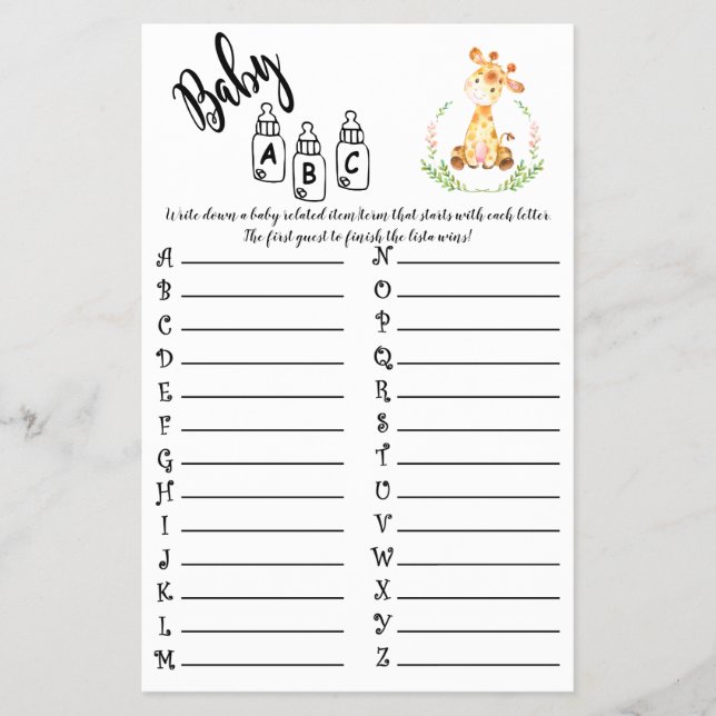 AFRICAN ANIMALS ABC BABY SHOWER GAME CARD FLYER (Front)