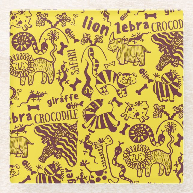 African Animals: Cultural Seamless Pattern. Glass Coaster (Front)