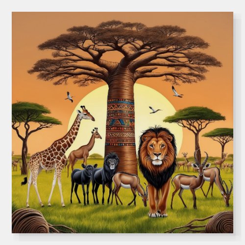 African animals gathered around a Baobab tree Foam Board