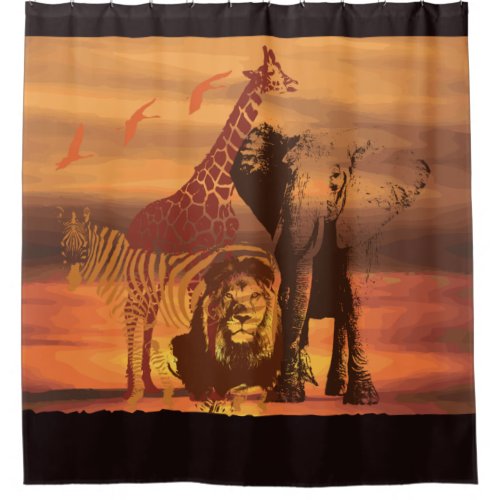 African Animals giraffe lion zebra elephant Shower Curtain