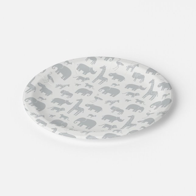 African Animals Gray Patterned Baby Shower Plate (Angled)