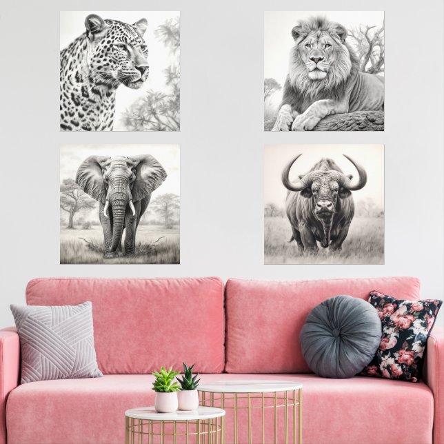 African Animals Pencil Drawing Wall Art Sets (Livingroom)