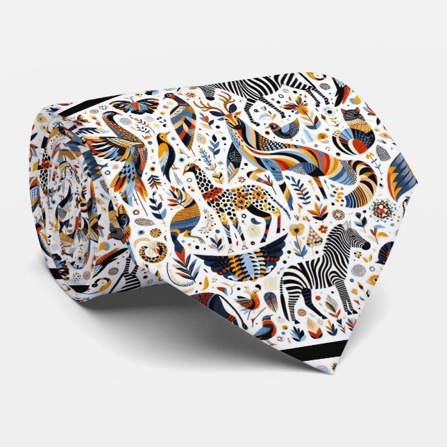 African Animals Print Boho Neck Tie (Rolled)