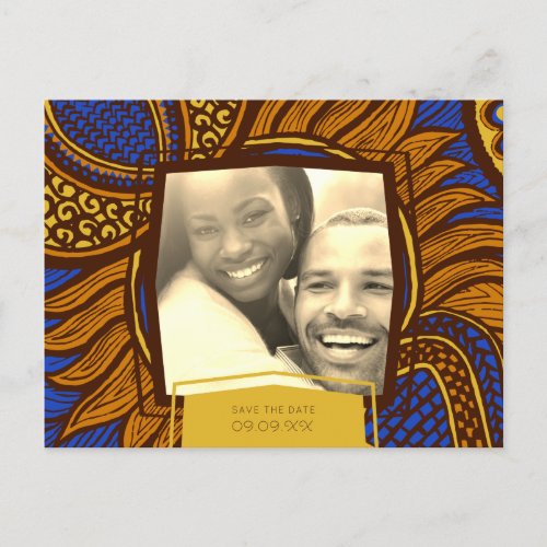 African Ankara Blue Gold Floral Save the Date Announcement Postcard