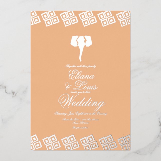 African Ankara Elephant Wedding Pressed    Foil Invitation (Front)