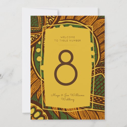 African Ankara Green Gold Floral Table Number