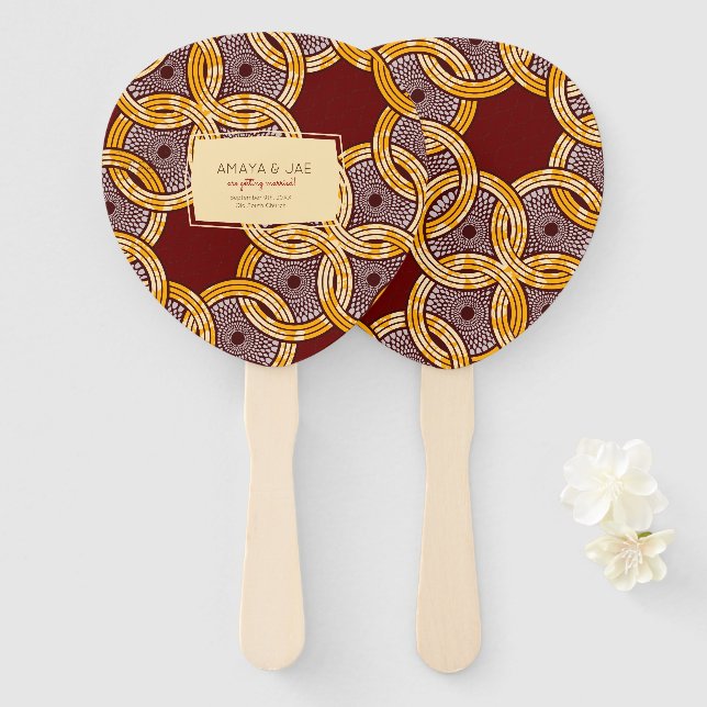 African Ankara Kitenge Gold Floral Hand Fans (Front and Back)