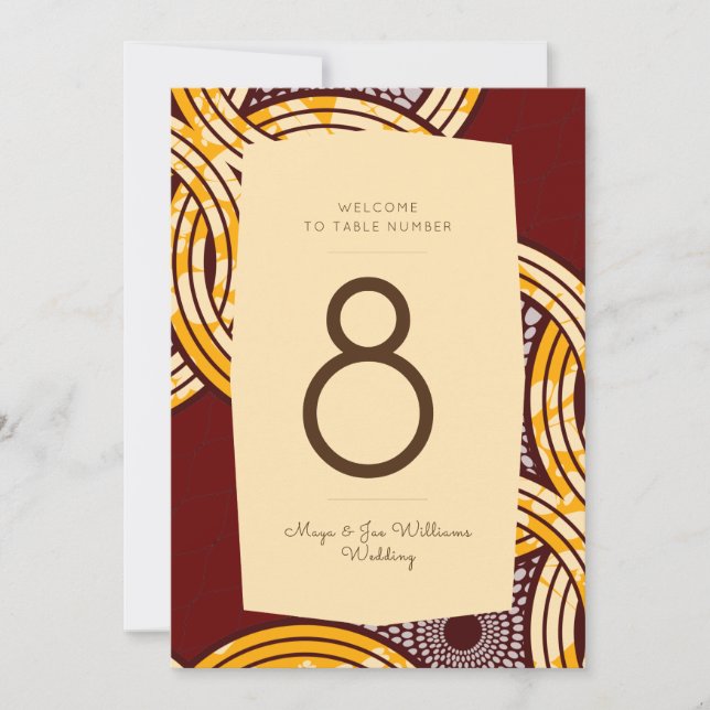 African Ankara Kitenge Gold Floral Table Number (Front)