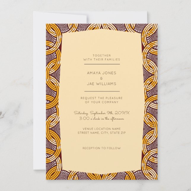 African Ankara Kitenge Gold Wedding Invitation (Front)