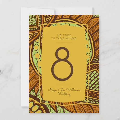 African Ankara Lime Gold Floral Table Number