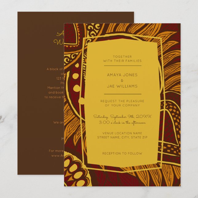African Ankara Maroon Floral Wedding Invitation (Front/Back)