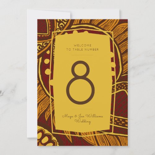 African Ankara Maroon Gold Floral Table Number