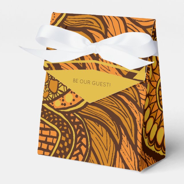 African Ankara Orange Brown Gold Floral Favor Boxes (Front Side)