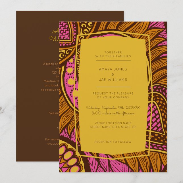 African Ankara Pink Floral Wedding Invitation (Front/Back)