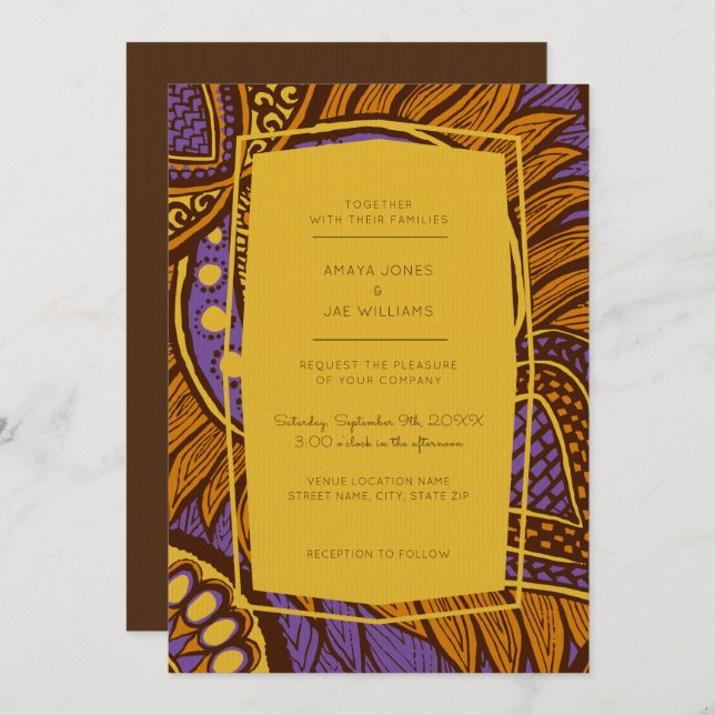African Ankara Purple Floral Wedding Invitation (Front/Back)