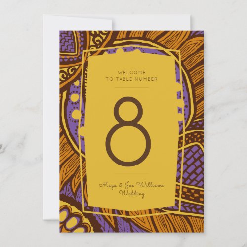 African Ankara Purple Gold Floral Table Number