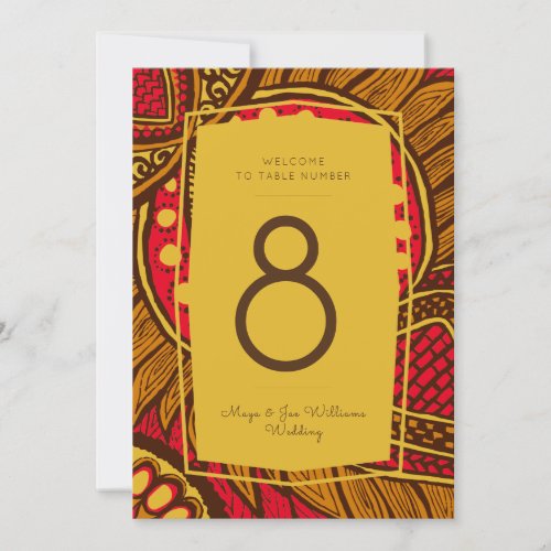 African Ankara Red Gold Floral Table Number