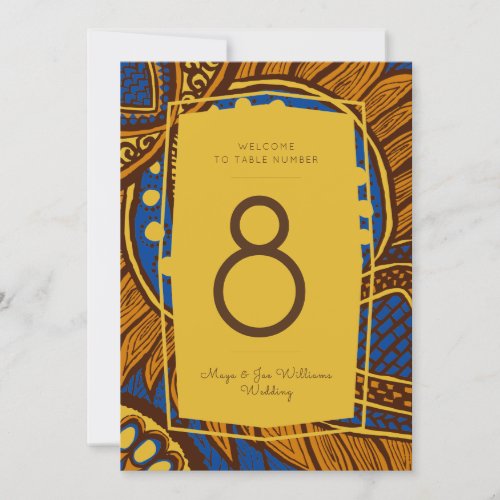 African Ankara Royal Blue Gold Floral Table Number
