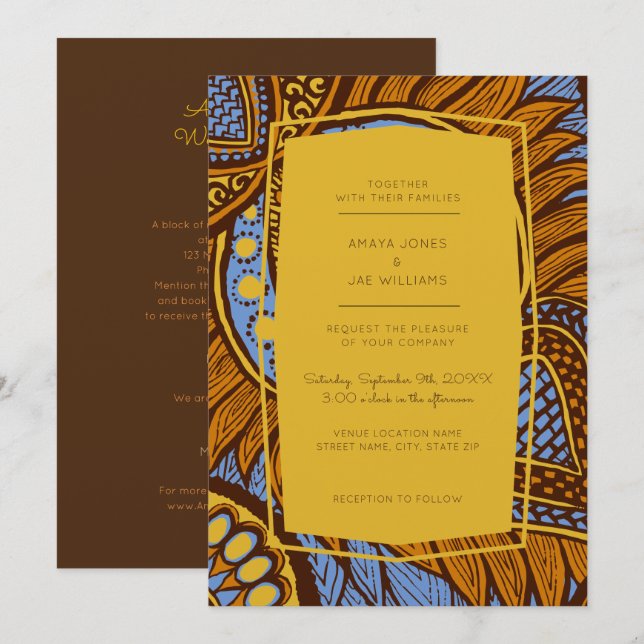 African Ankara Sky Blue Floral Wedding Invitation (Front/Back)