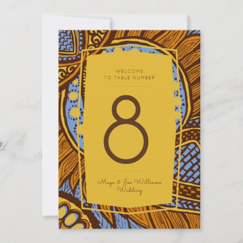 African Ankara Sky Blue Gold Floral Table Number