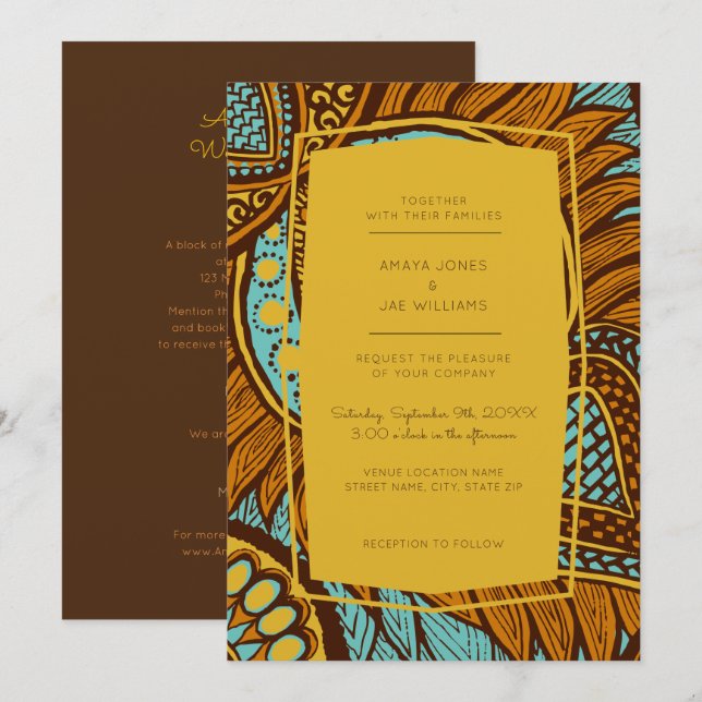 African Ankara Teal Floral Wedding Invitation (Front/Back)